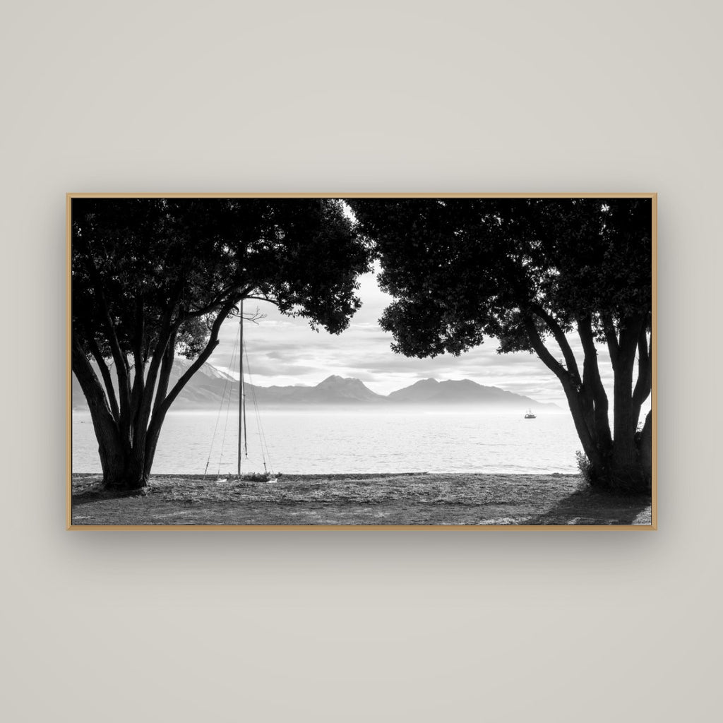 Kaikōura's Coastal Embrace, Basel Natural Oak, 160×90 cm. New Zealand fine art wall art by Stephen Milner.