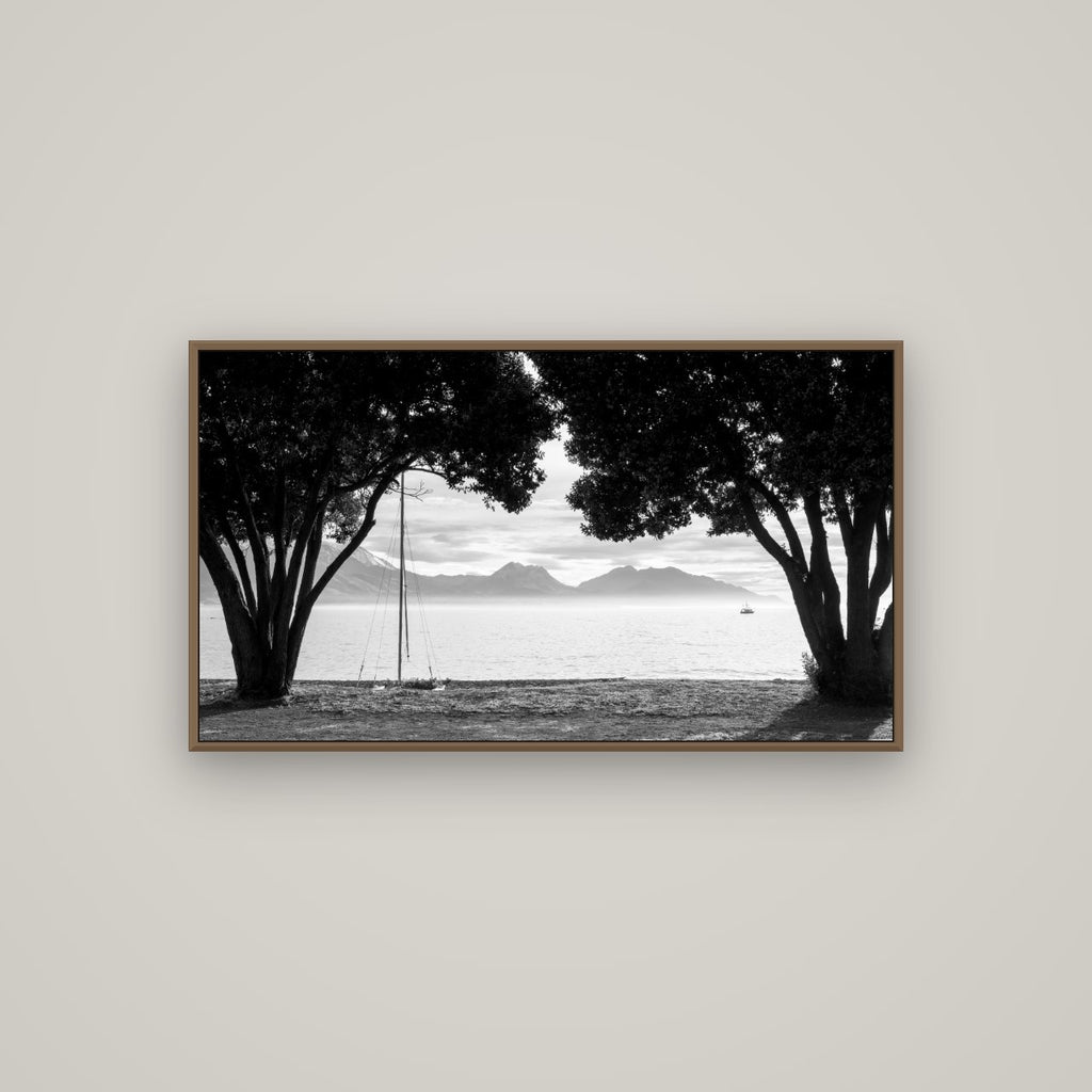 Kaikōura's Coastal Embrace, Basel Walnut, 107×60 cm. New Zealand fine art wall art by Stephen Milner.