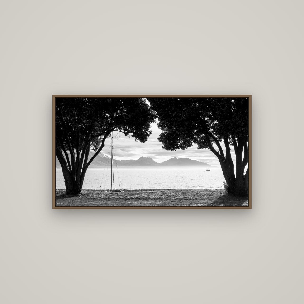Kaikōura's Coastal Embrace, Basel Walnut, 107×60 cm. New Zealand fine art wall art by Stephen Milner.