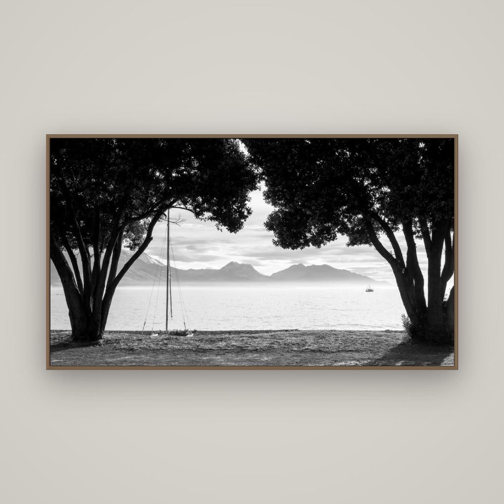 Kaikōura's Coastal Embrace, Basel Walnut, 160×90 cm. New Zealand fine art wall art by Stephen Milner.