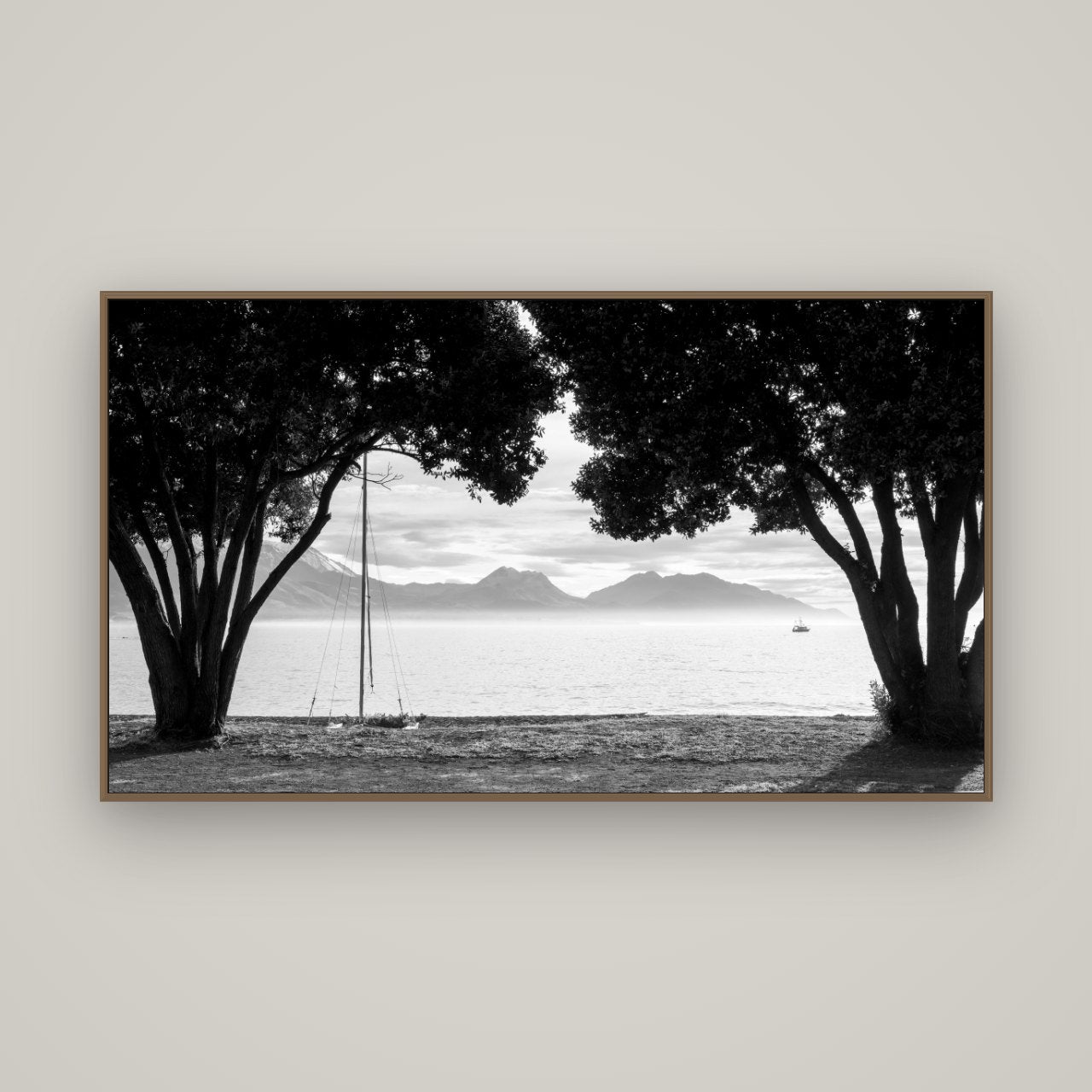 Kaikōura's Coastal Embrace, Basel Walnut, 160×90 cm. New Zealand fine art wall art by Stephen Milner.