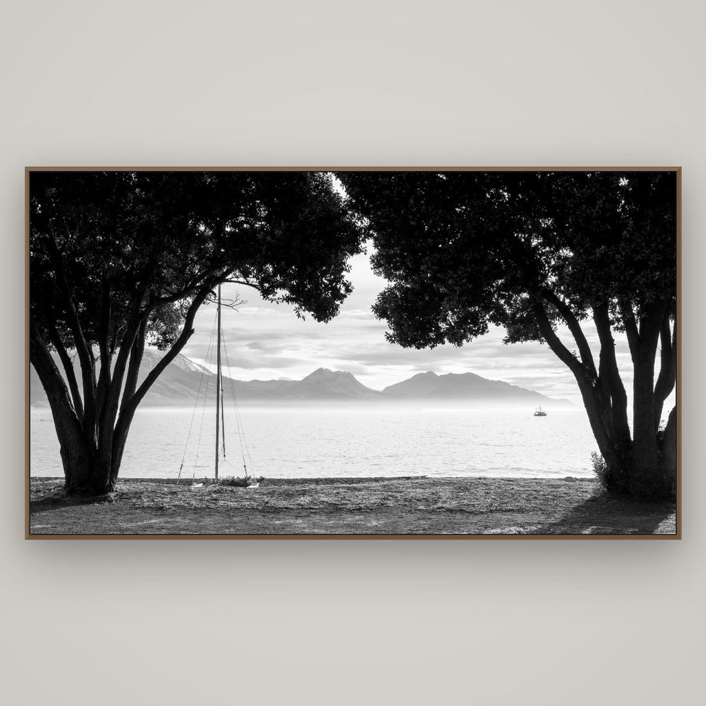 Kaikōura's Coastal Embrace, Basel Walnut, 196×110 cm. New Zealand fine art wall art by Stephen Milner.
