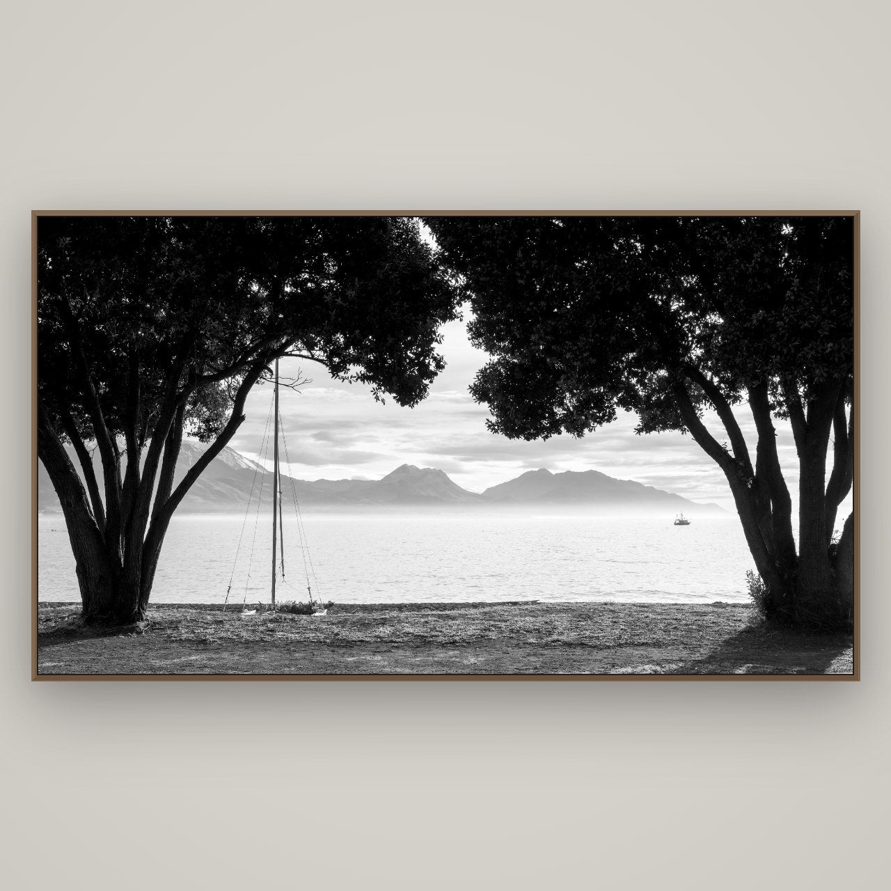 Kaikōura's Coastal Embrace, Basel Walnut, 196×110 cm. New Zealand fine art wall art by Stephen Milner.