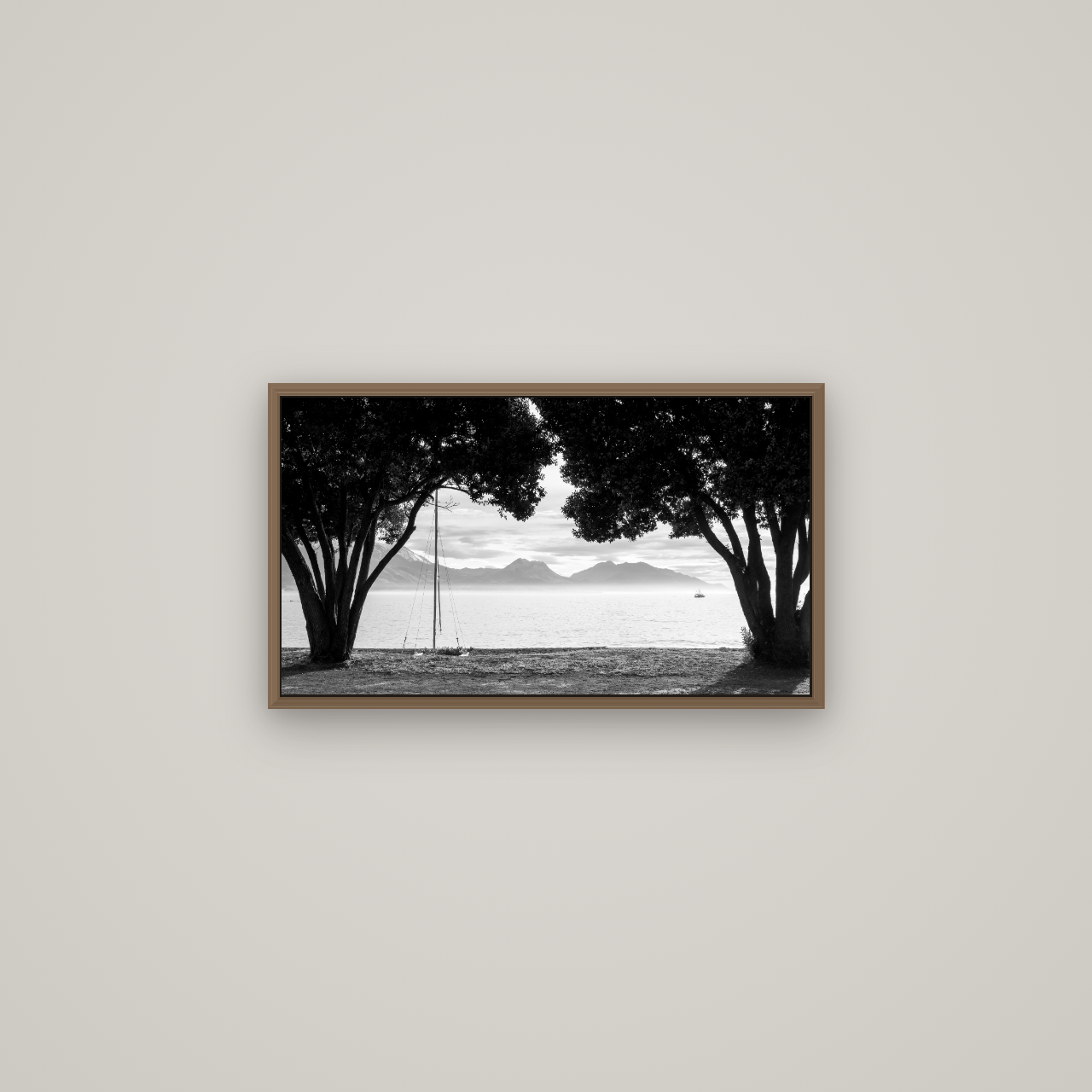 Kaikōura's Coastal Embrace, Basel Walnut, 64×36 cm. New Zealand fine art wall art by Stephen Milner.