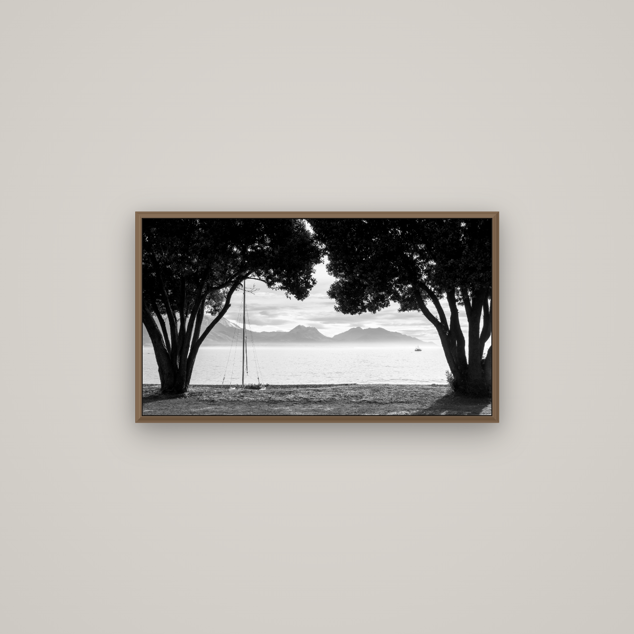 Kaikōura's Coastal Embrace, Basel Walnut, 80×45 cm. New Zealand fine art wall art by Stephen Milner.