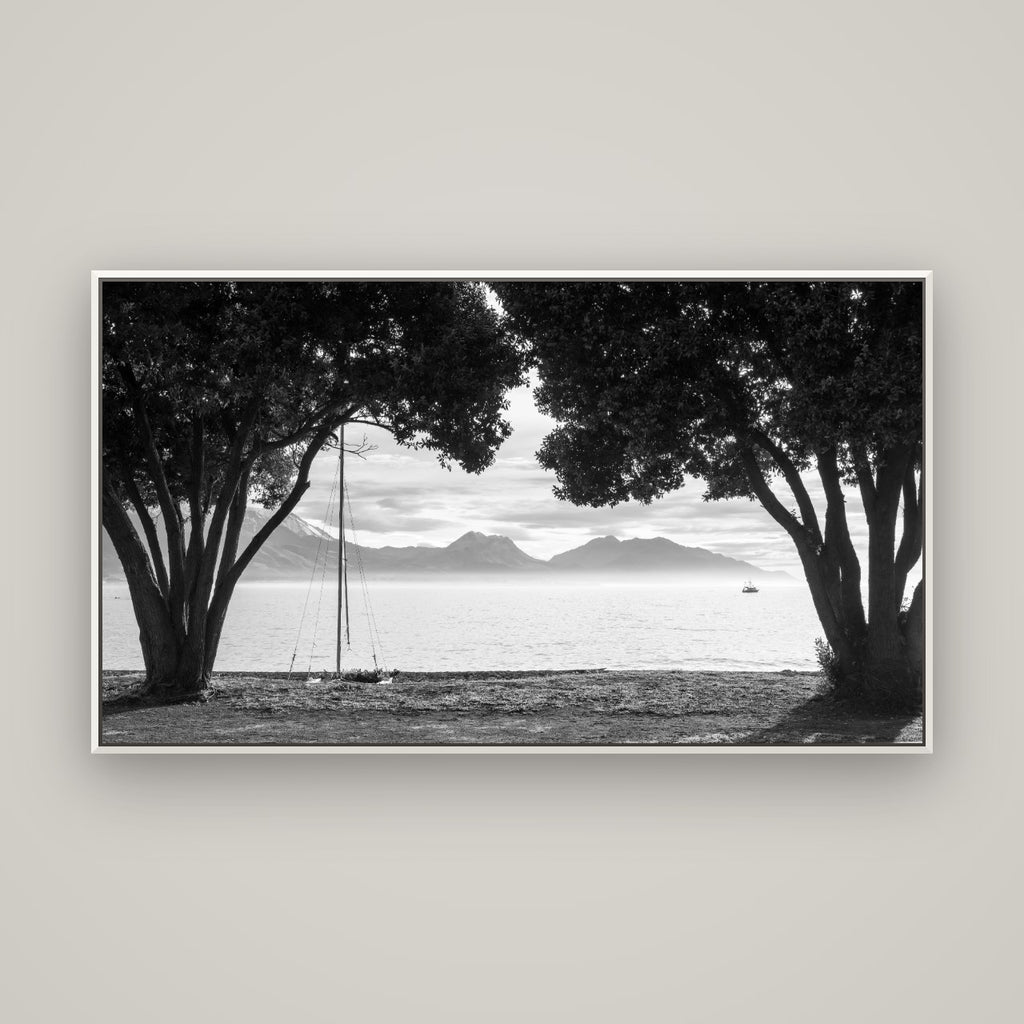 Kaikōura's Coastal Embrace — Basel White, 160×90 cm. New Zealand fine art wall art by Stephen Milner.