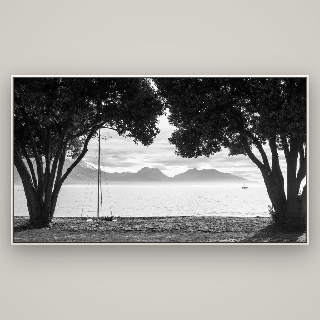 Kaikōura's Coastal Embrace — Basel White, 196×110 cm. New Zealand fine art wall art by Stephen Milner.