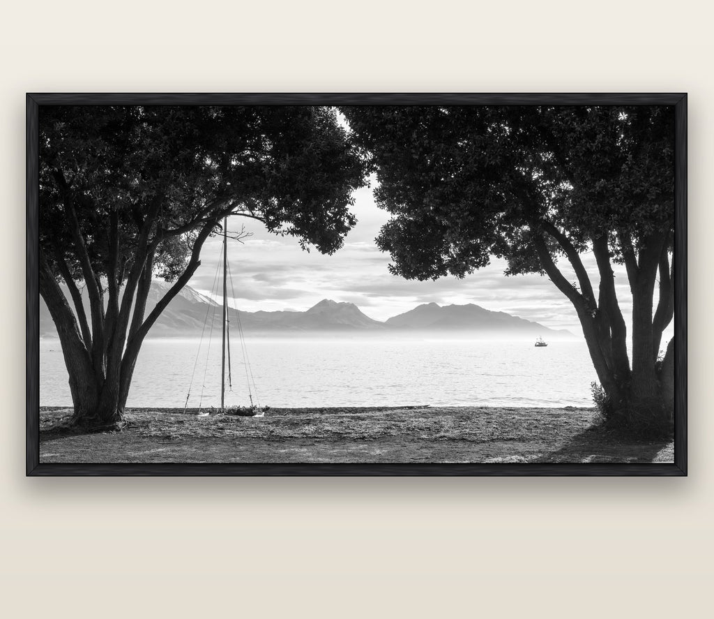 Kaikōura's Coastal Embrace — black float frame canvas, 200 × 130 cm. New Zealand fine art landscape wall art by Stephen Milner.