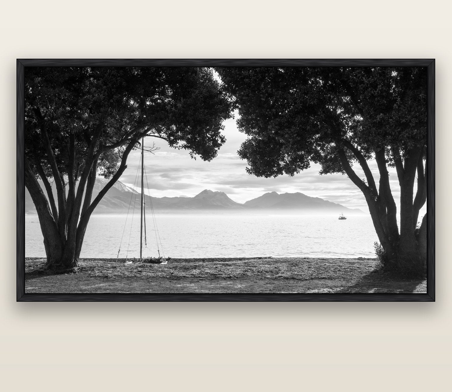 Kaikōura's Coastal Embrace — black float frame canvas, 200 × 130 cm. New Zealand fine art landscape wall art by Stephen Milner.