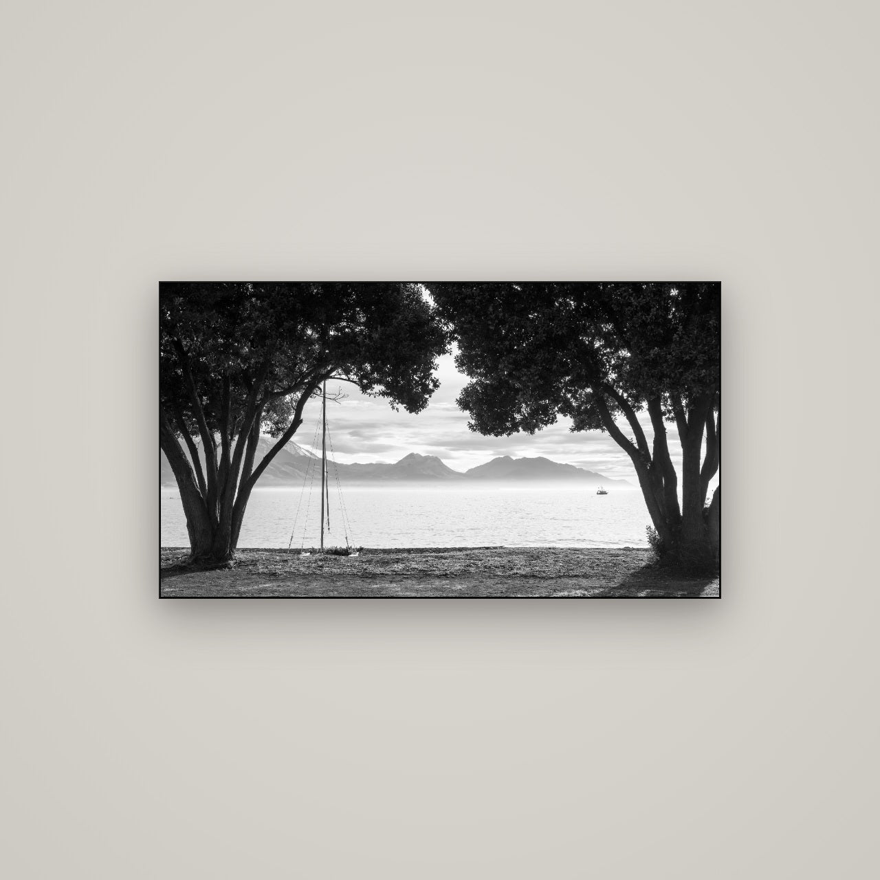 Kaikōura's Coastal Embrace — Slimline Black, 107×60 cm. New Zealand fine art wall art by Stephen Milner.