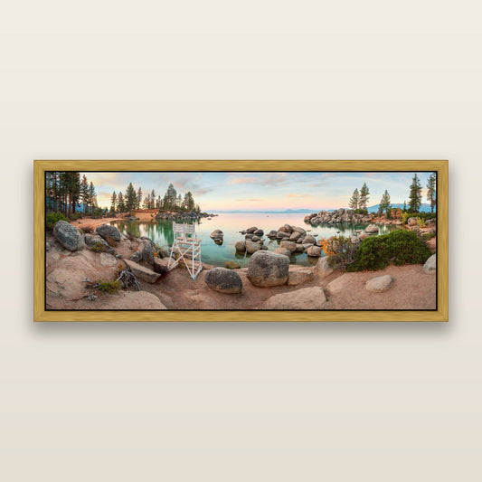 Lake Tahoe Serenity's Watch, Sunrise Over Sand Harbour — framed metallic canvas print, Antique Gold frame. New Zealand fine art landscape wall art by Stephen Milner.