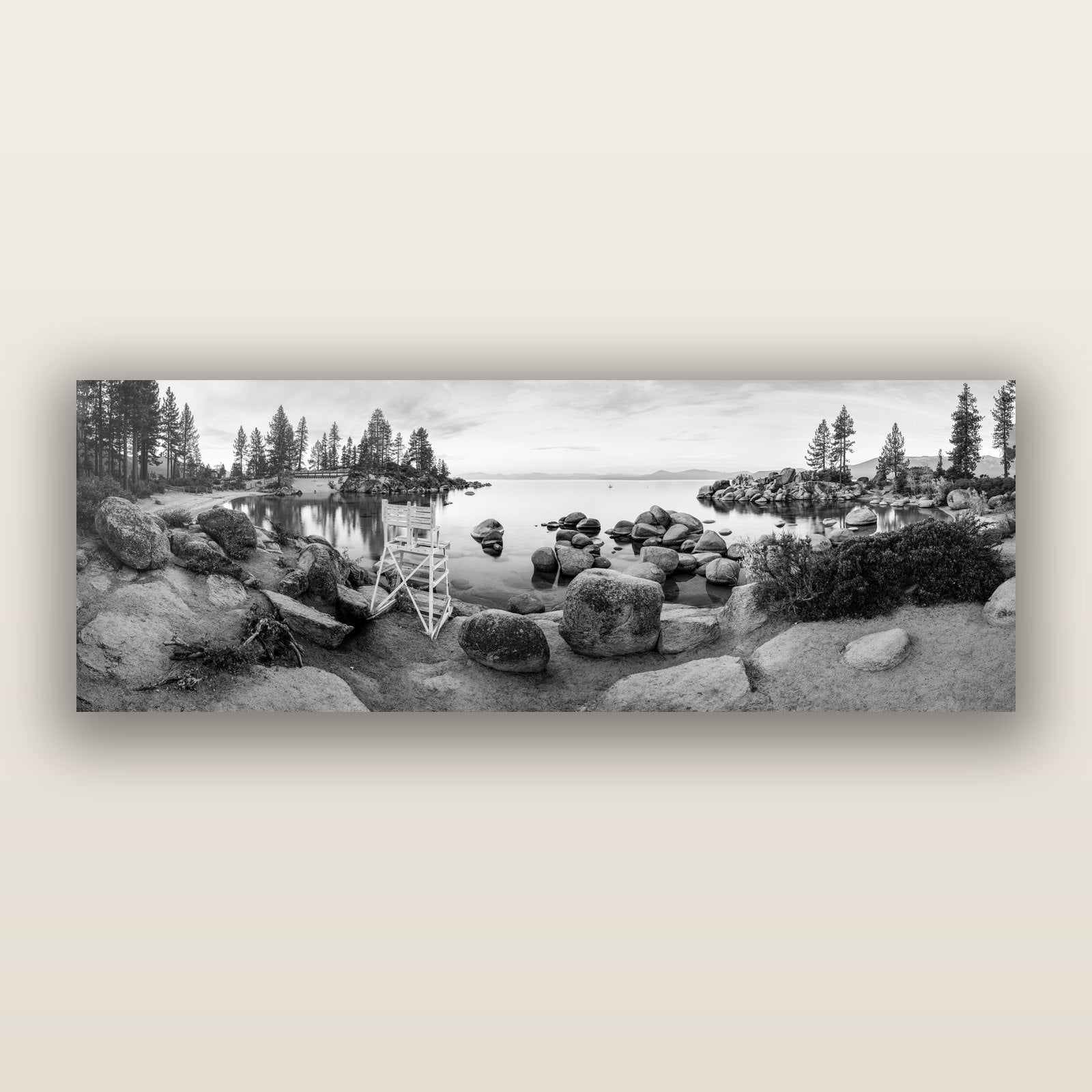 Lake Tahoe Serenity's Watch, Sunrise Over Sand Harbour, black and white frameless acrylic glass print. New Zealand fine art photography by Stephen Milner.