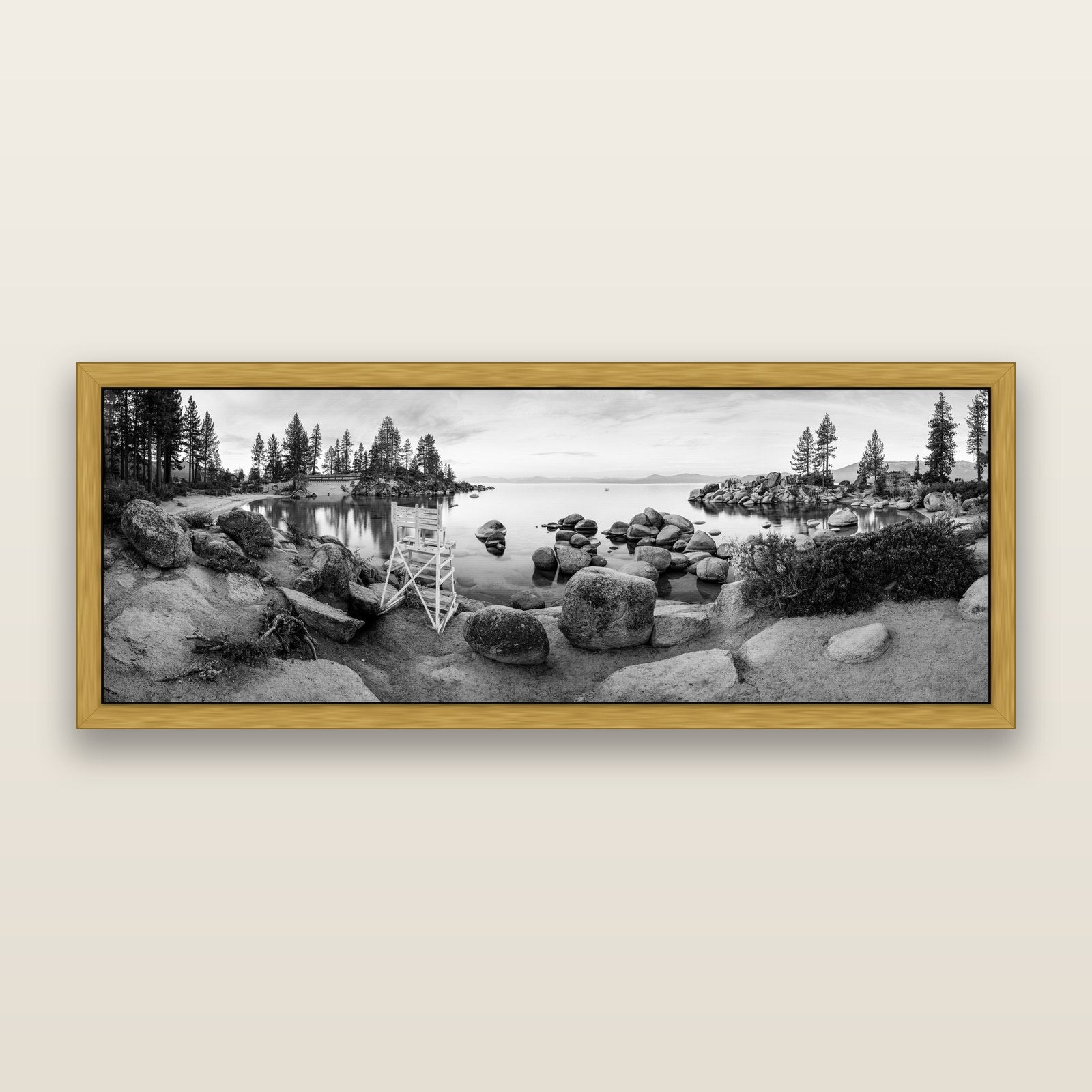 Lake Tahoe Serenity's Watch, Sunrise Over Sand Harbour, black and white framed metallic canvas print, Antique Gold frame. New Zealand fine art wall art by Stephen Milner.