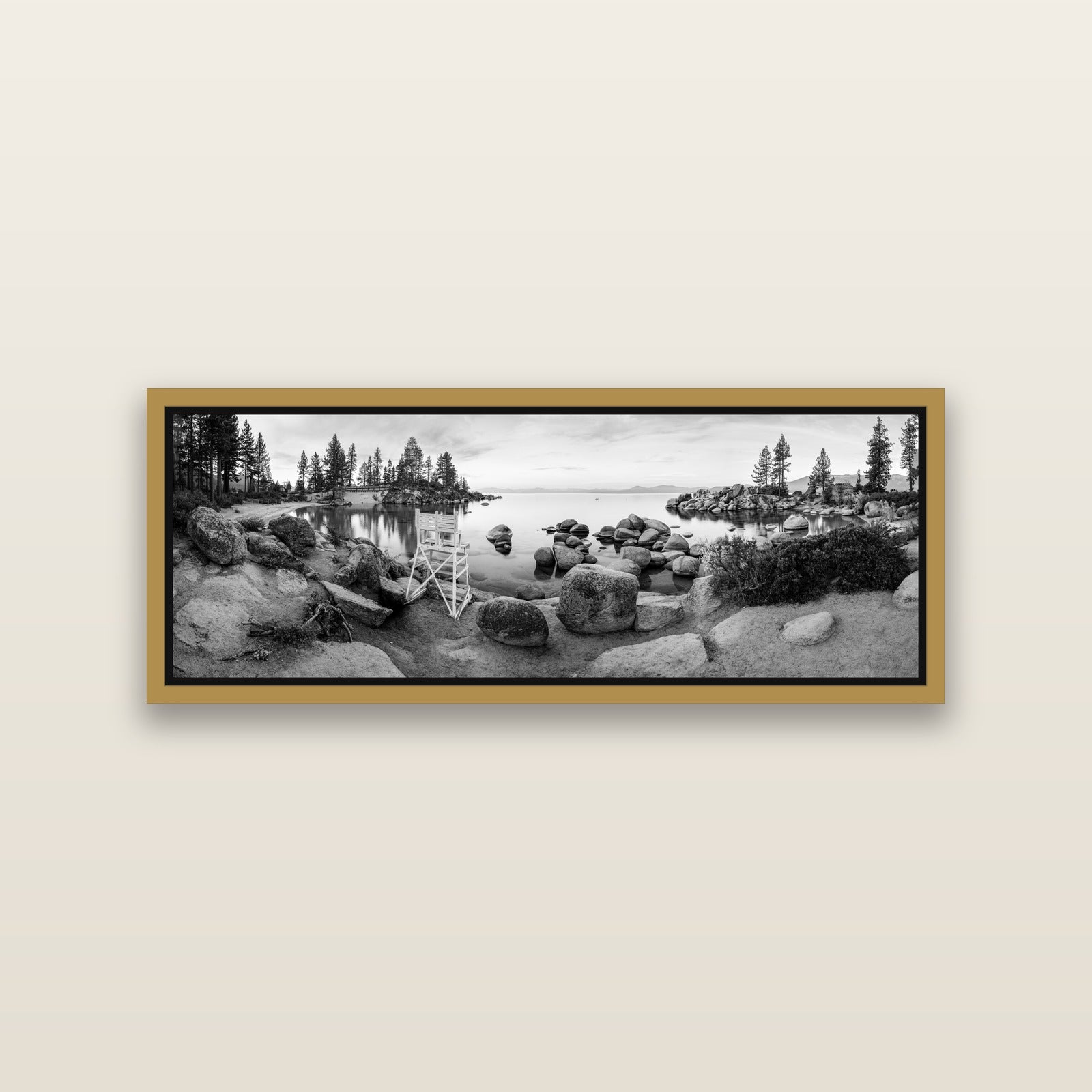 Lake Tahoe Serenity's Watch, Sunrise Over Sand Harbour — Antique Gold framed metallic canvas print, small 86 × 30 cm. New Zealand fine art landscape wall art by Stephen Milner.