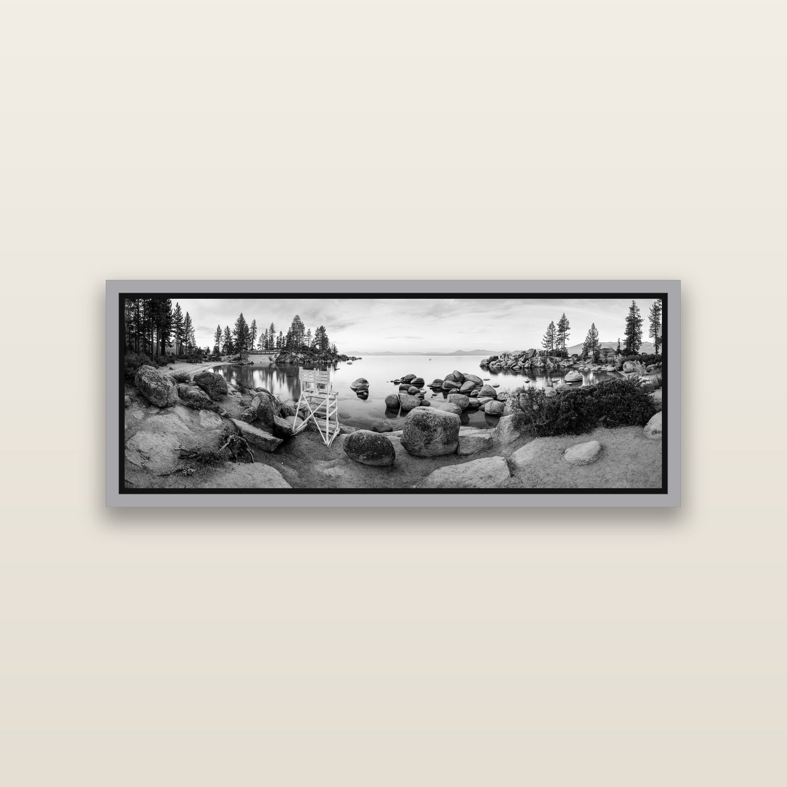 Lake Tahoe Serenity's Watch, Sunrise Over Sand Harbour — Antique Silver framed metallic canvas print, small 86 × 30 cm. New Zealand fine art landscape wall art by Stephen Milner.