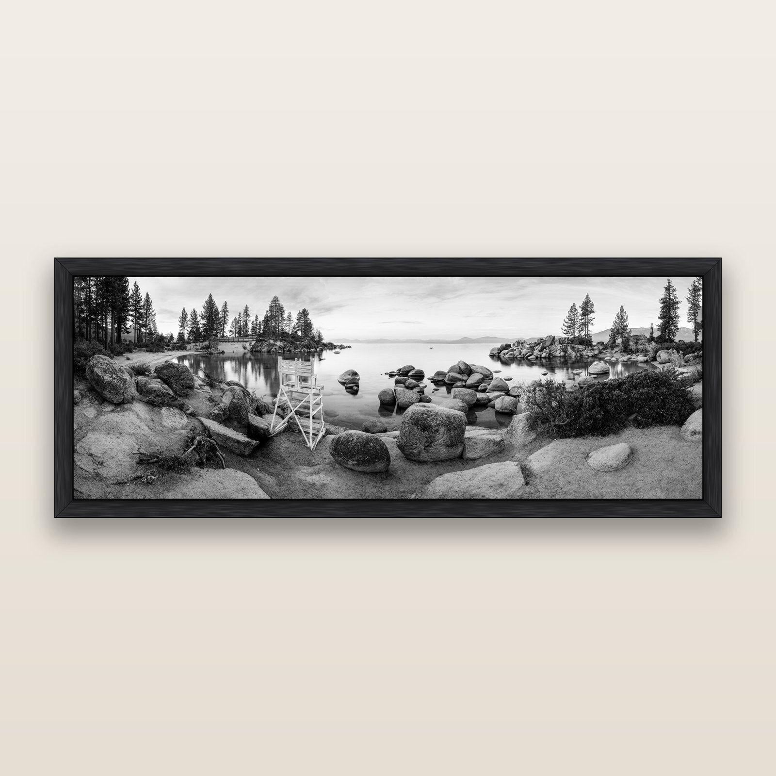 Lake Tahoe Serenity's Watch, Sunrise Over Sand Harbour, black and white framed metallic canvas print, Black frame. New Zealand fine art wall art by Stephen Milner.