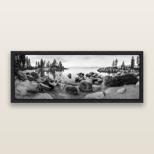 Lake Tahoe Serenity's Watch, Sunrise Over Sand Harbour, black and white framed metallic canvas print, Black frame. New Zealand fine art wall art by Stephen Milner.
