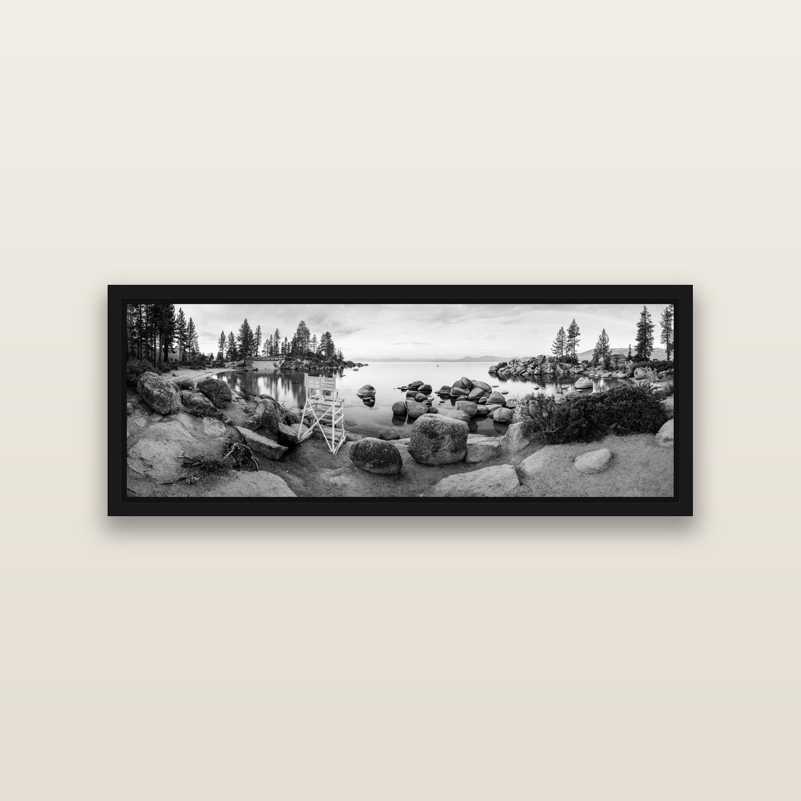 Lake Tahoe Serenity's Watch, Sunrise Over Sand Harbour — Black framed metallic canvas print, small 86 × 30 cm. New Zealand fine art landscape wall art by Stephen Milner.