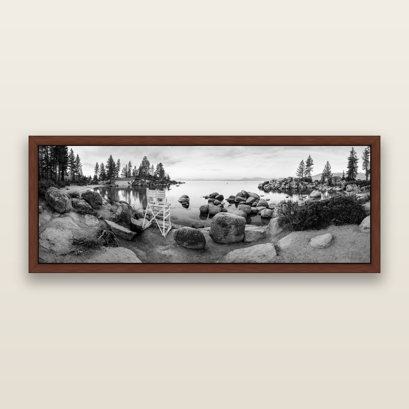 Lake Tahoe Serenity's Watch, Sunrise Over Sand Harbour, black and white framed metallic canvas print, Brown frame. New Zealand fine art wall art by Stephen Milner.