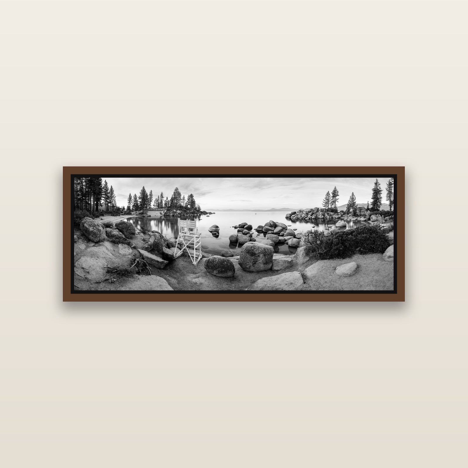 Lake Tahoe Serenity's Watch, Sunrise Over Sand Harbour — Brown framed metallic canvas print, small 86 × 30 cm. New Zealand fine art landscape wall art by Stephen Milner.
