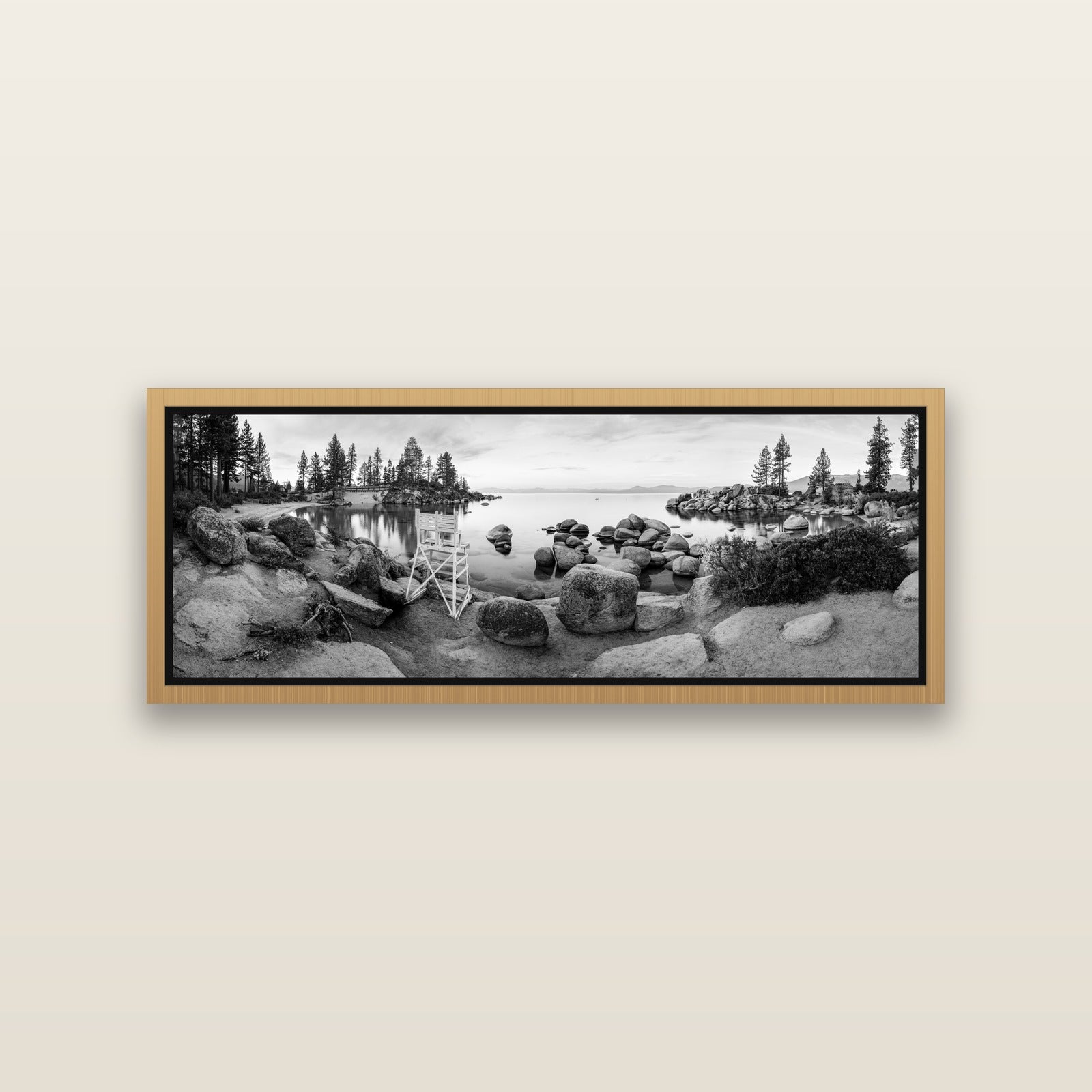 Lake Tahoe Serenity's Watch, Sunrise Over Sand Harbour — Natural framed metallic canvas print, small 86 × 30 cm. New Zealand fine art landscape wall art by Stephen Milner.