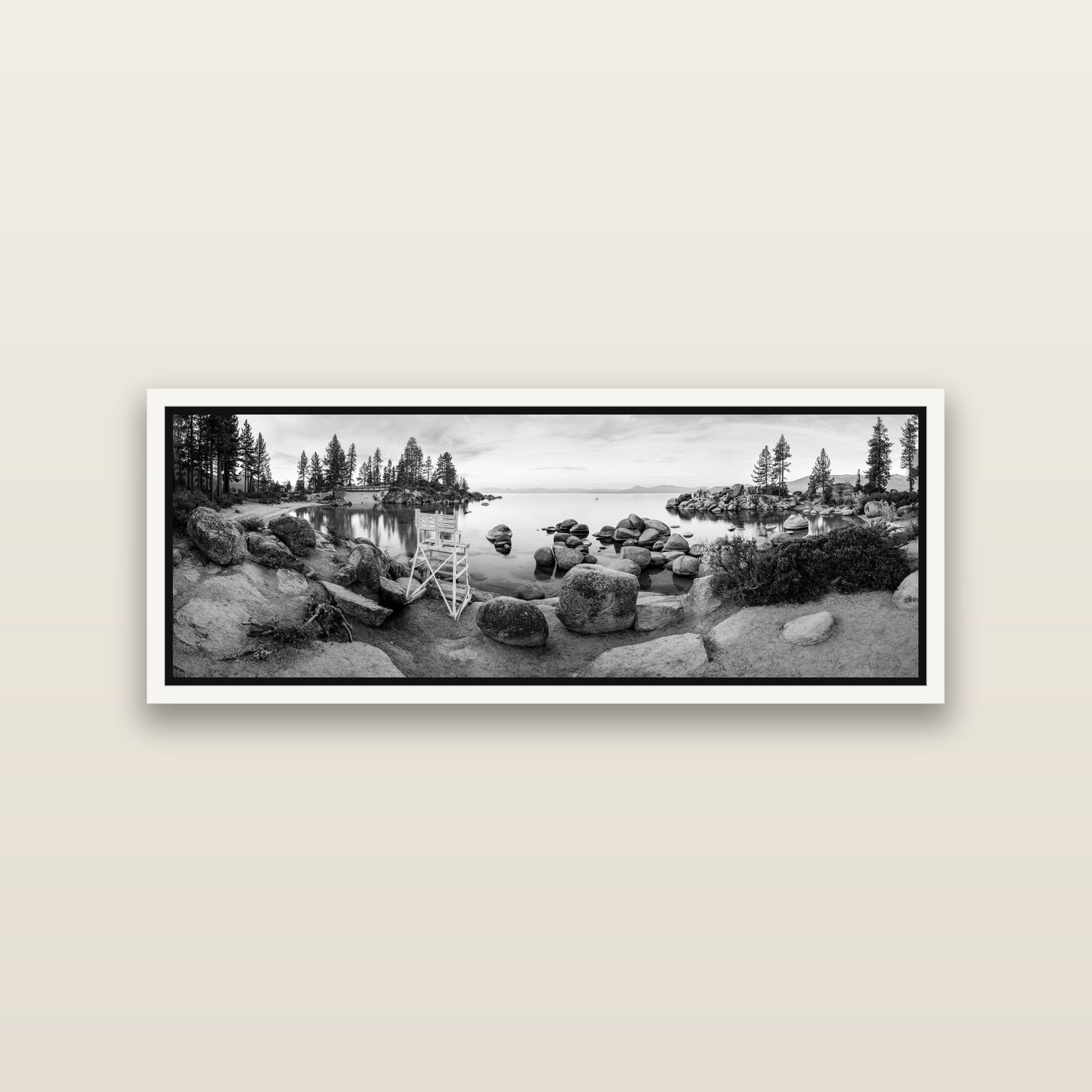 Lake Tahoe Serenity's Watch, Sunrise Over Sand Harbour — White framed metallic canvas print, small 86 × 30 cm. New Zealand fine art landscape wall art by Stephen Milner.
