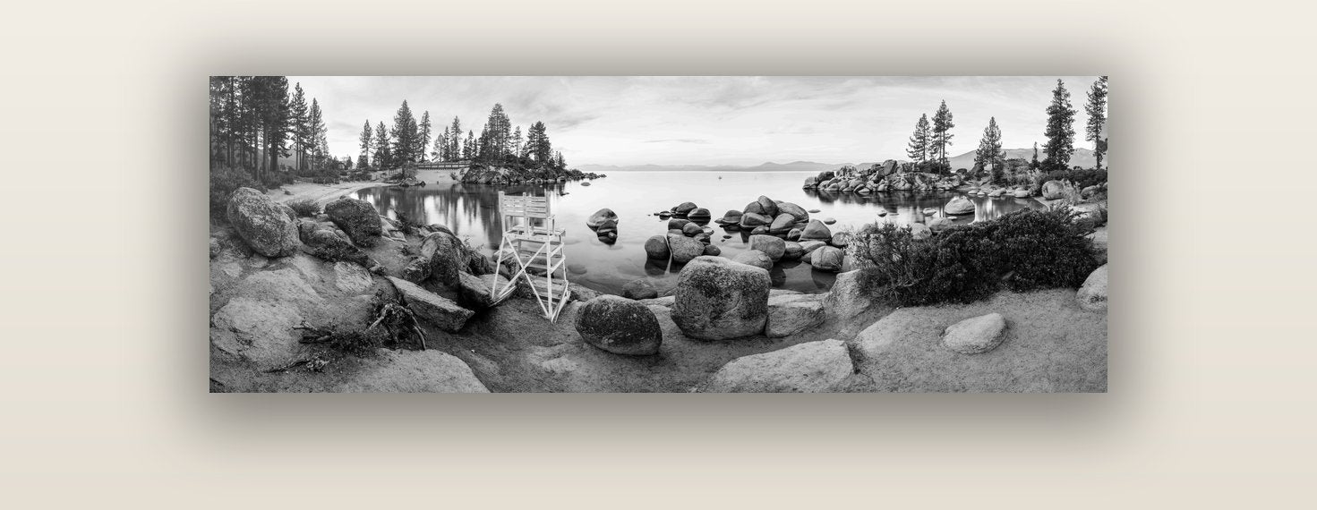 Lake Tahoe Serenity's Watch, Sunrise Over Sand Harbour — acrylic glass print, 122 × 41 cm. New Zealand fine art landscape wall art by Stephen Milner.