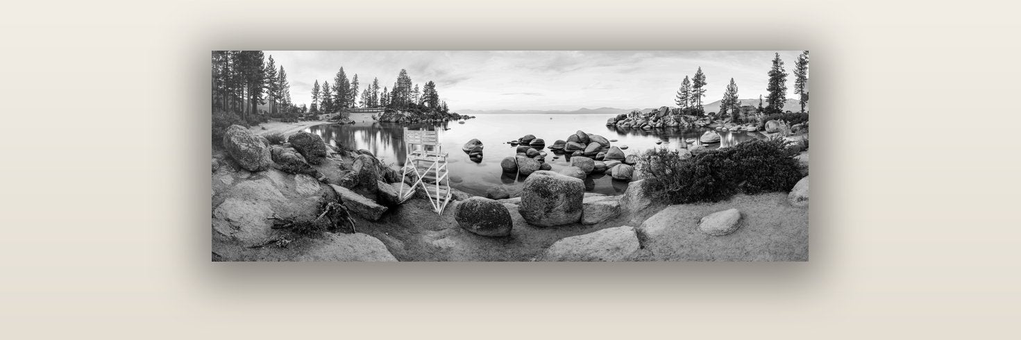 Lake Tahoe Serenity's Watch, Sunrise Over Sand Harbour — acrylic glass print, 91 × 30 cm. New Zealand fine art landscape wall art by Stephen Milner.