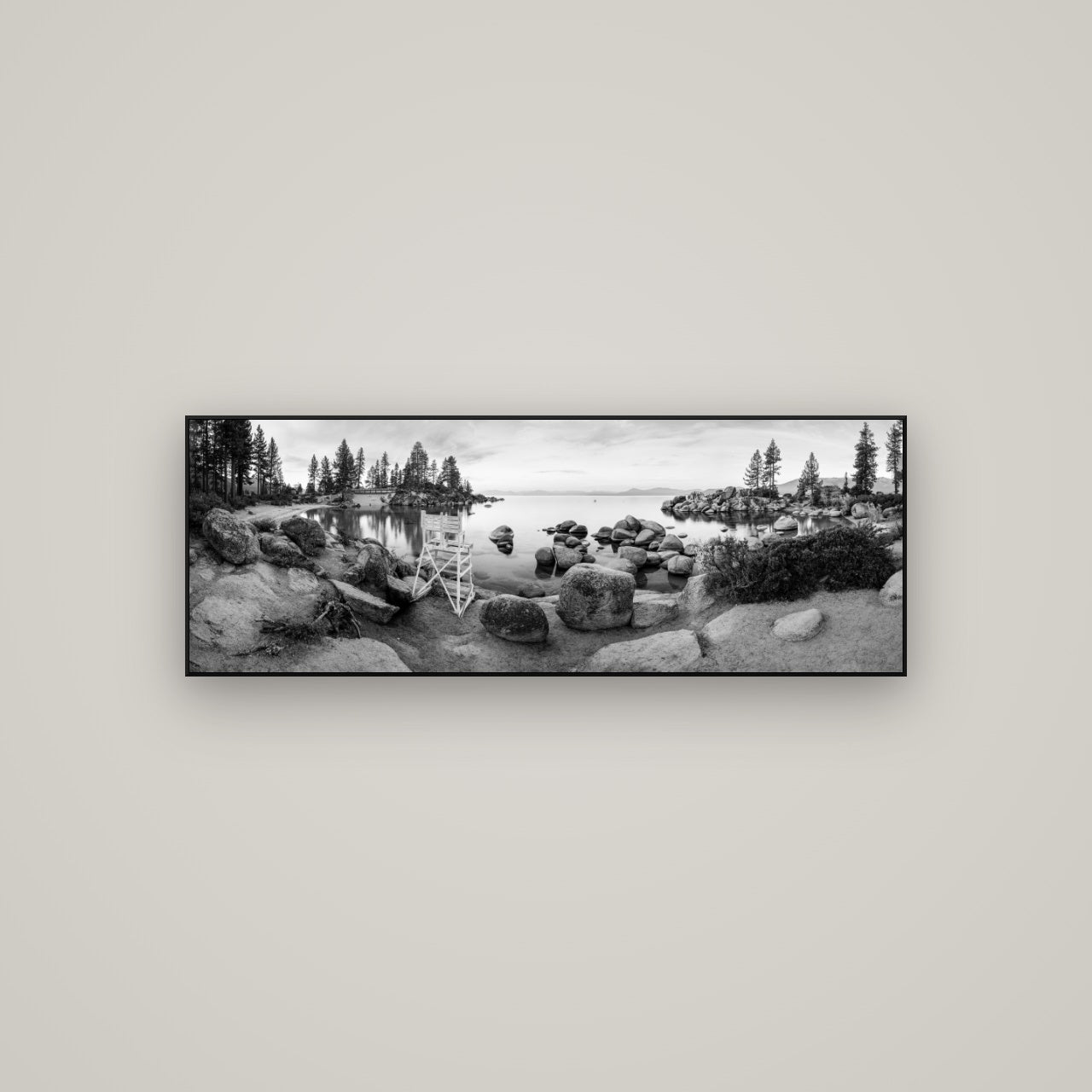 Lake Tahoe Serenity's Watch, Sunrise Over Sand Harbour — ArtBox Black, 113×40 cm. New Zealand fine art wall art by Stephen Milner.