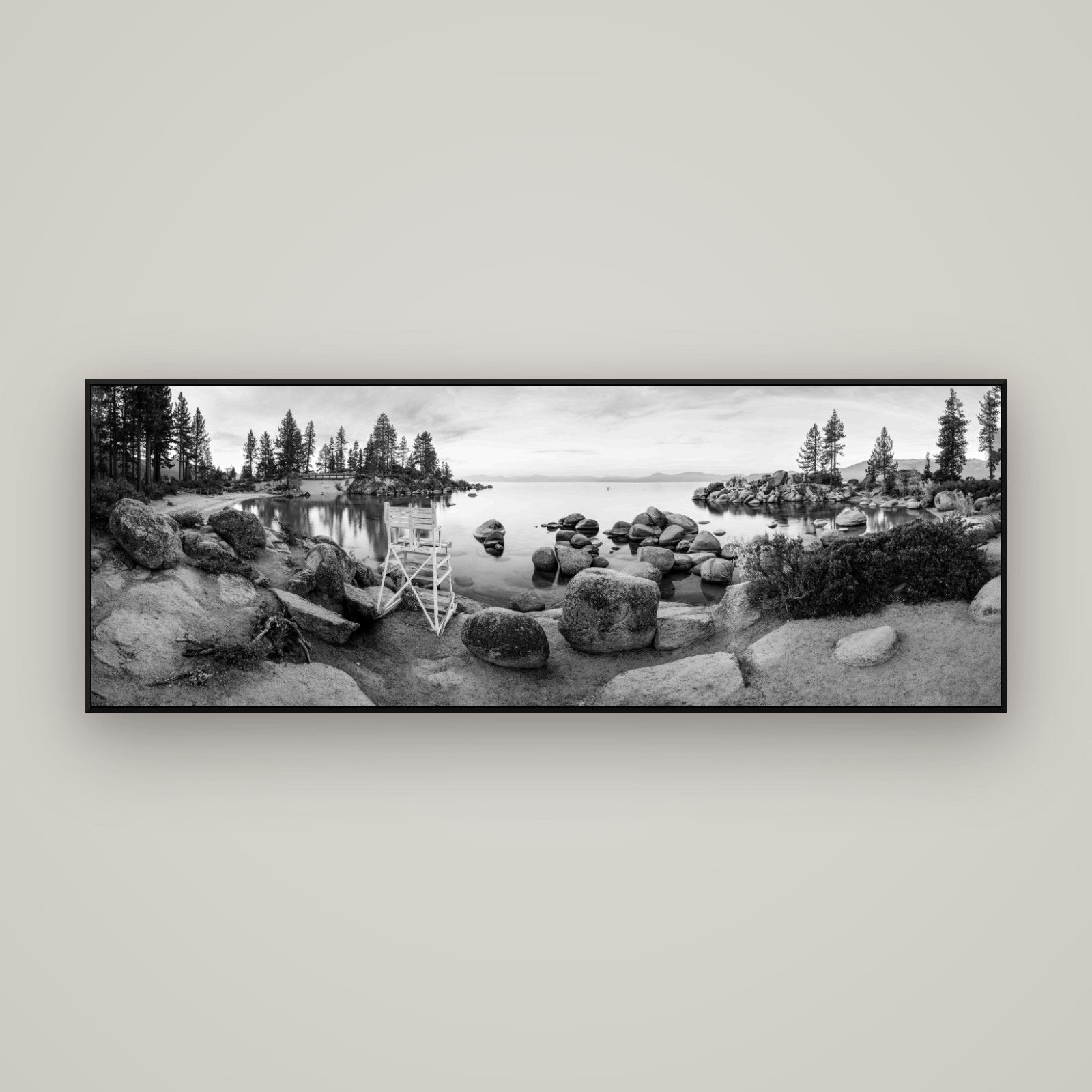 Lake Tahoe Serenity's Watch, Sunrise Over Sand Harbour — ArtBox Black, 170×60 cm. New Zealand fine art wall art by Stephen Milner.