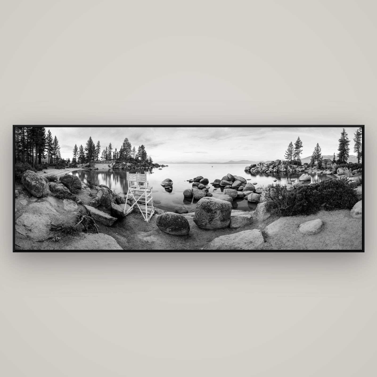 Lake Tahoe Serenity's Watch, Sunrise Over Sand Harbour — ArtBox Black, 198×70 cm. New Zealand fine art wall art by Stephen Milner.