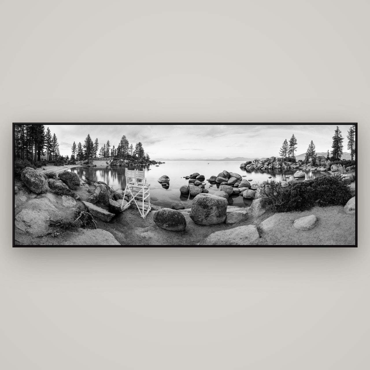 Lake Tahoe Serenity's Watch, Sunrise Over Sand Harbour — ArtBox Black, 198×70 cm. New Zealand fine art wall art by Stephen Milner.