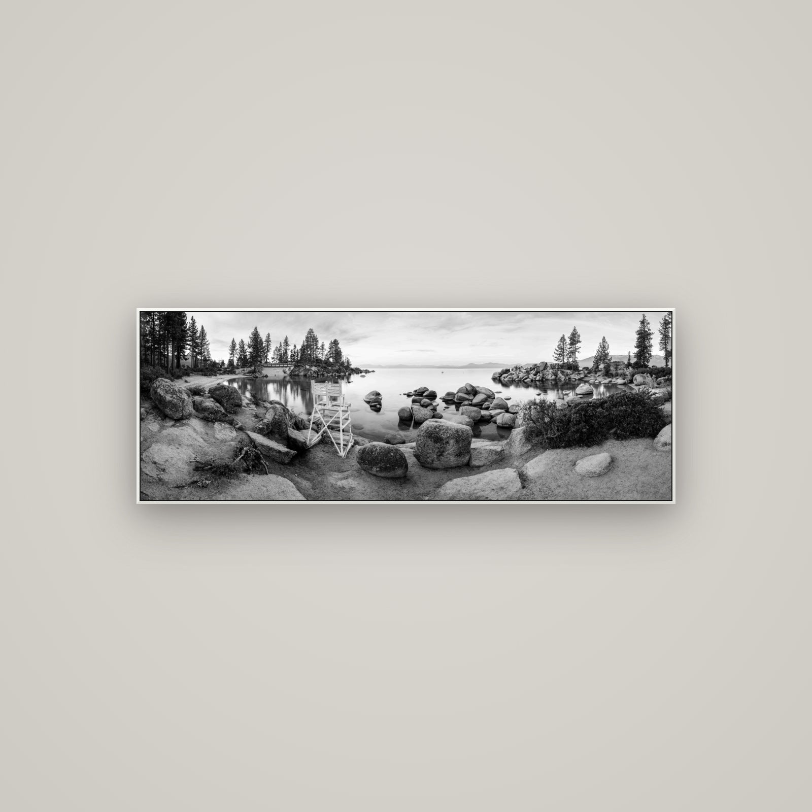 Lake Tahoe Serenity's Watch, Sunrise Over Sand Harbour — ArtBox White, 113×40 cm. New Zealand fine art wall art by Stephen Milner.
