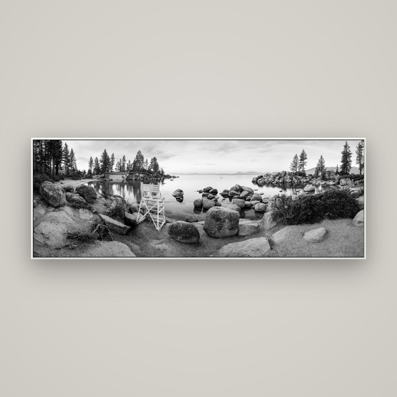 Lake Tahoe Serenity's Watch, Sunrise Over Sand Harbour — ArtBox White, 170×60 cm. New Zealand fine art wall art by Stephen Milner.