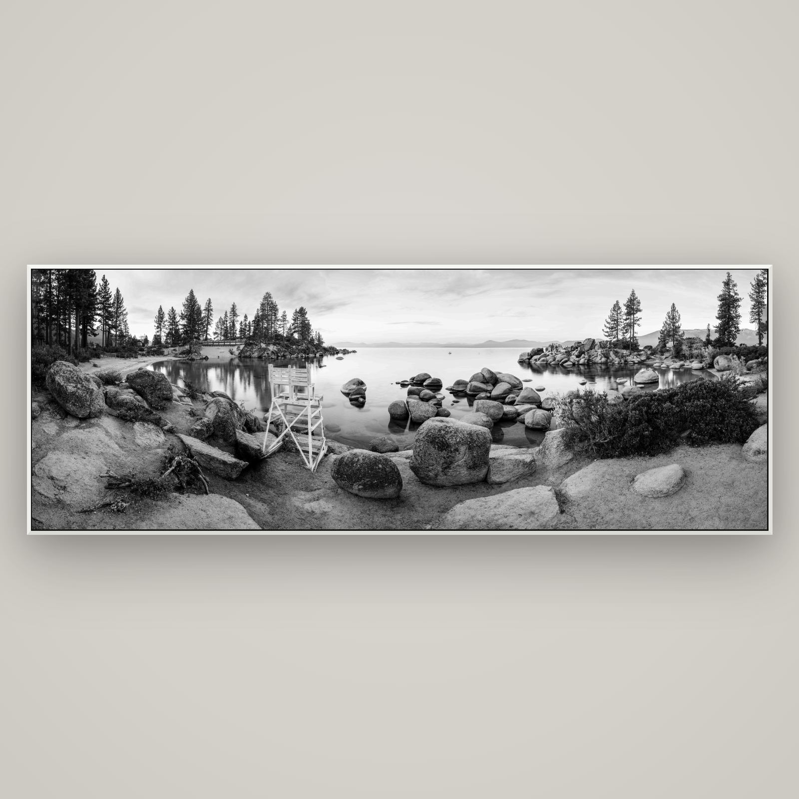 Lake Tahoe Serenity's Watch, Sunrise Over Sand Harbour — ArtBox White, 198×70 cm. New Zealand fine art wall art by Stephen Milner.
