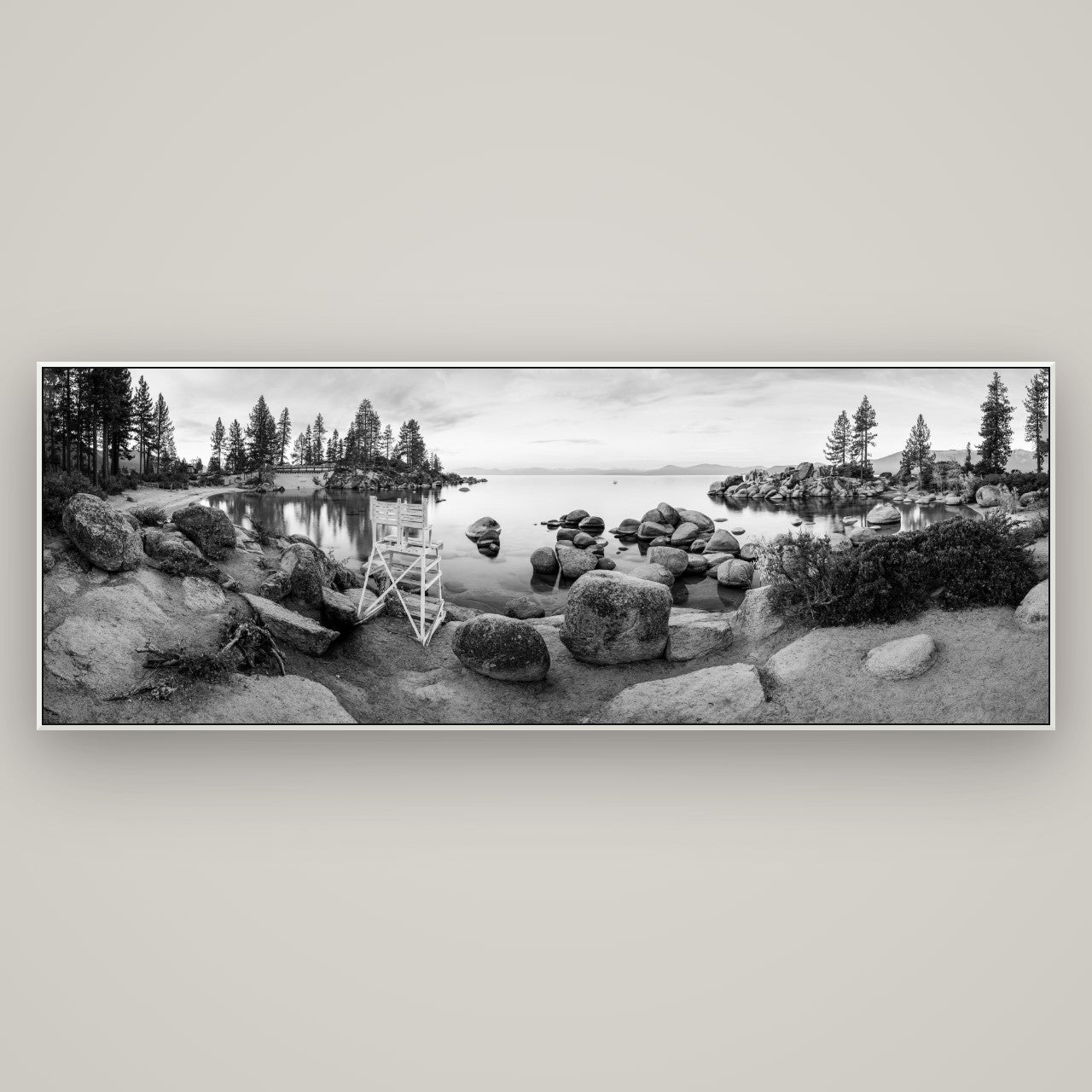 Lake Tahoe Serenity's Watch, Sunrise Over Sand Harbour — ArtBox White, 198×70 cm. New Zealand fine art wall art by Stephen Milner.