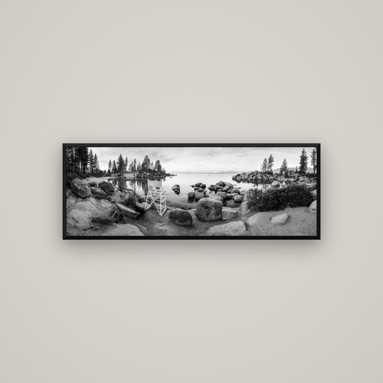 Lake Tahoe Serenity's Watch, Sunrise Over Sand Harbour — Basel Black, 113×40 cm. New Zealand fine art wall art by Stephen Milner.
