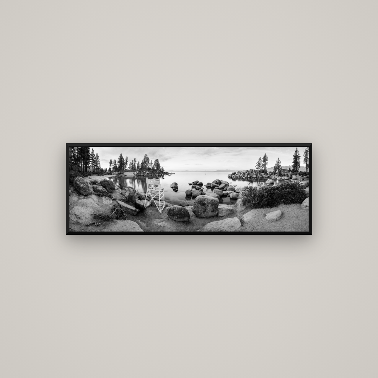 Lake Tahoe Serenity's Watch, Sunrise Over Sand Harbour — Basel Black Matte, 113×40 cm. New Zealand fine art wall art by Stephen Milner.