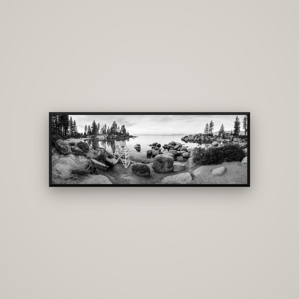 Lake Tahoe Serenity's Watch, Sunrise Over Sand Harbour — Basel Black Matte, 113×40 cm. New Zealand fine art wall art by Stephen Milner.