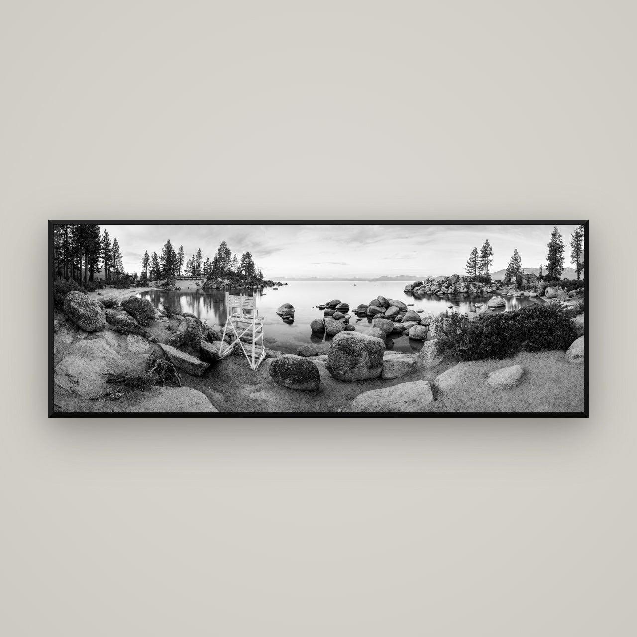 Lake Tahoe Serenity's Watch, Sunrise Over Sand Harbour — Basel Black, 170×60 cm. New Zealand fine art wall art by Stephen Milner.