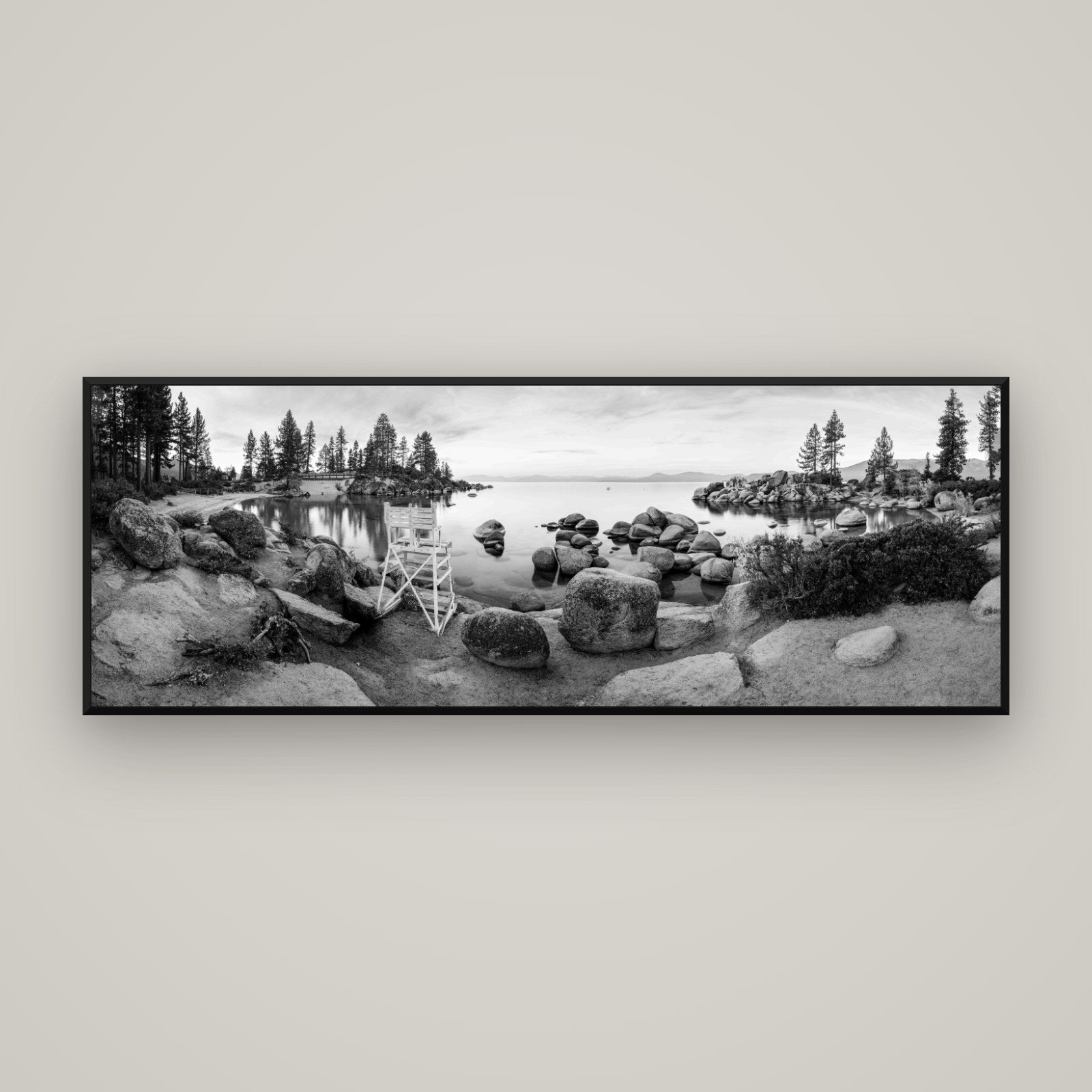 Lake Tahoe Serenity's Watch, Sunrise Over Sand Harbour — Basel Black, 170×60 cm. New Zealand fine art wall art by Stephen Milner.
