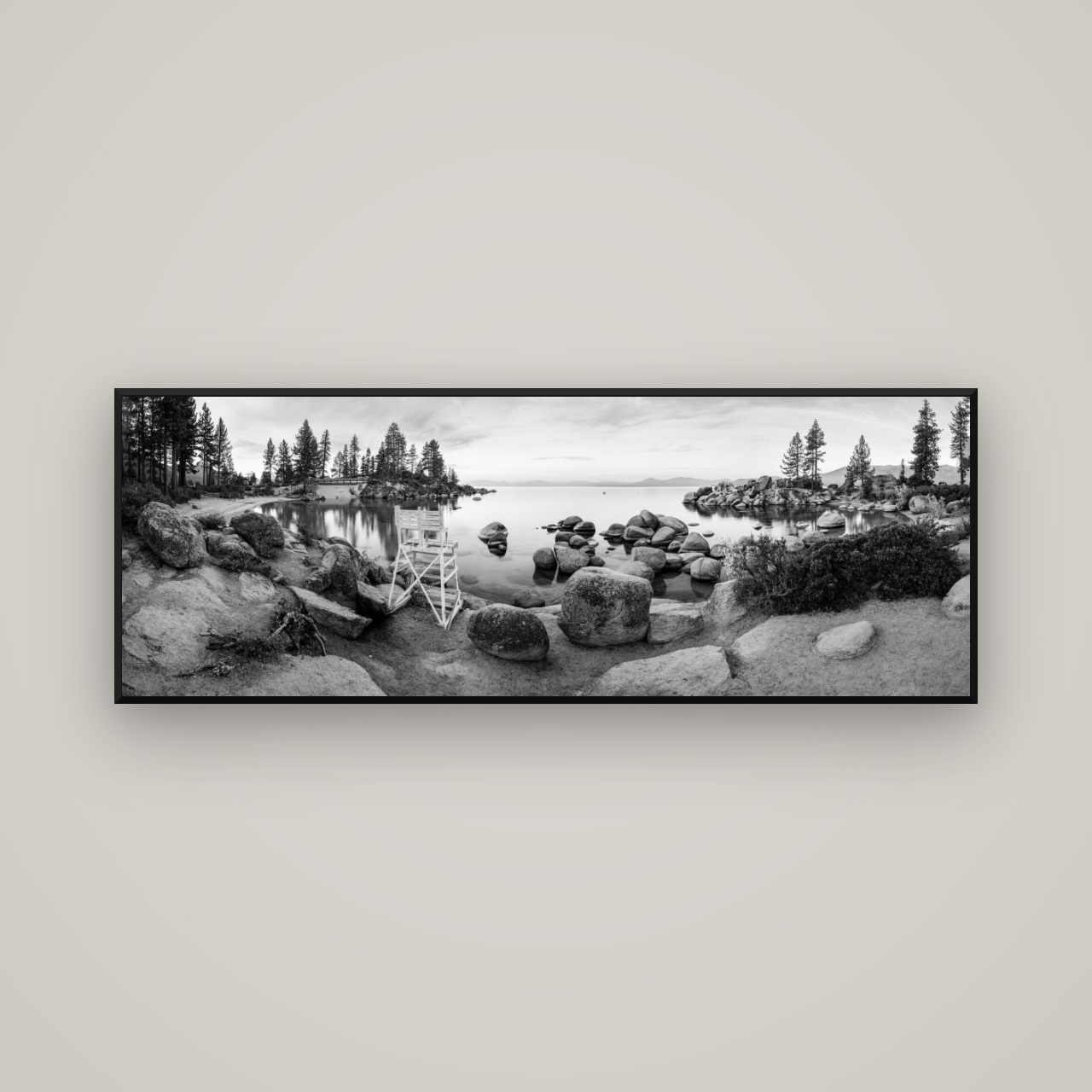 Lake Tahoe Serenity's Watch, Sunrise Over Sand Harbour — Basel Black Matte, 170×60 cm. New Zealand fine art wall art by Stephen Milner.