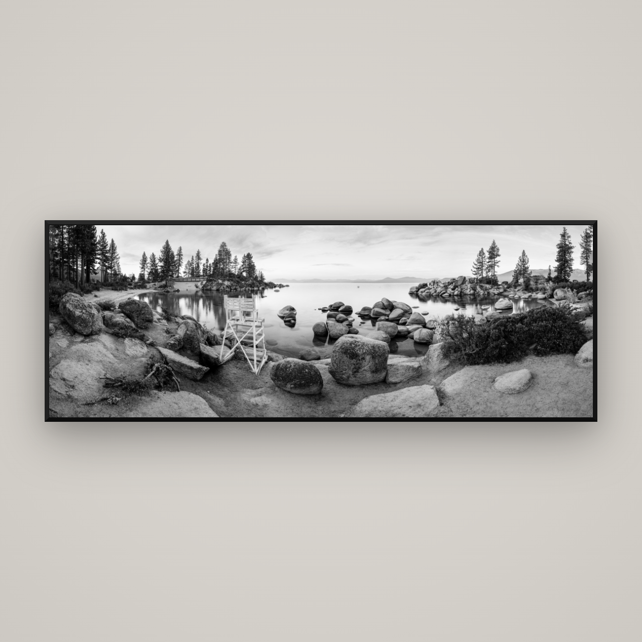 Lake Tahoe Serenity's Watch, Sunrise Over Sand Harbour — Basel Black Matte, 198×70 cm. New Zealand fine art wall art by Stephen Milner.