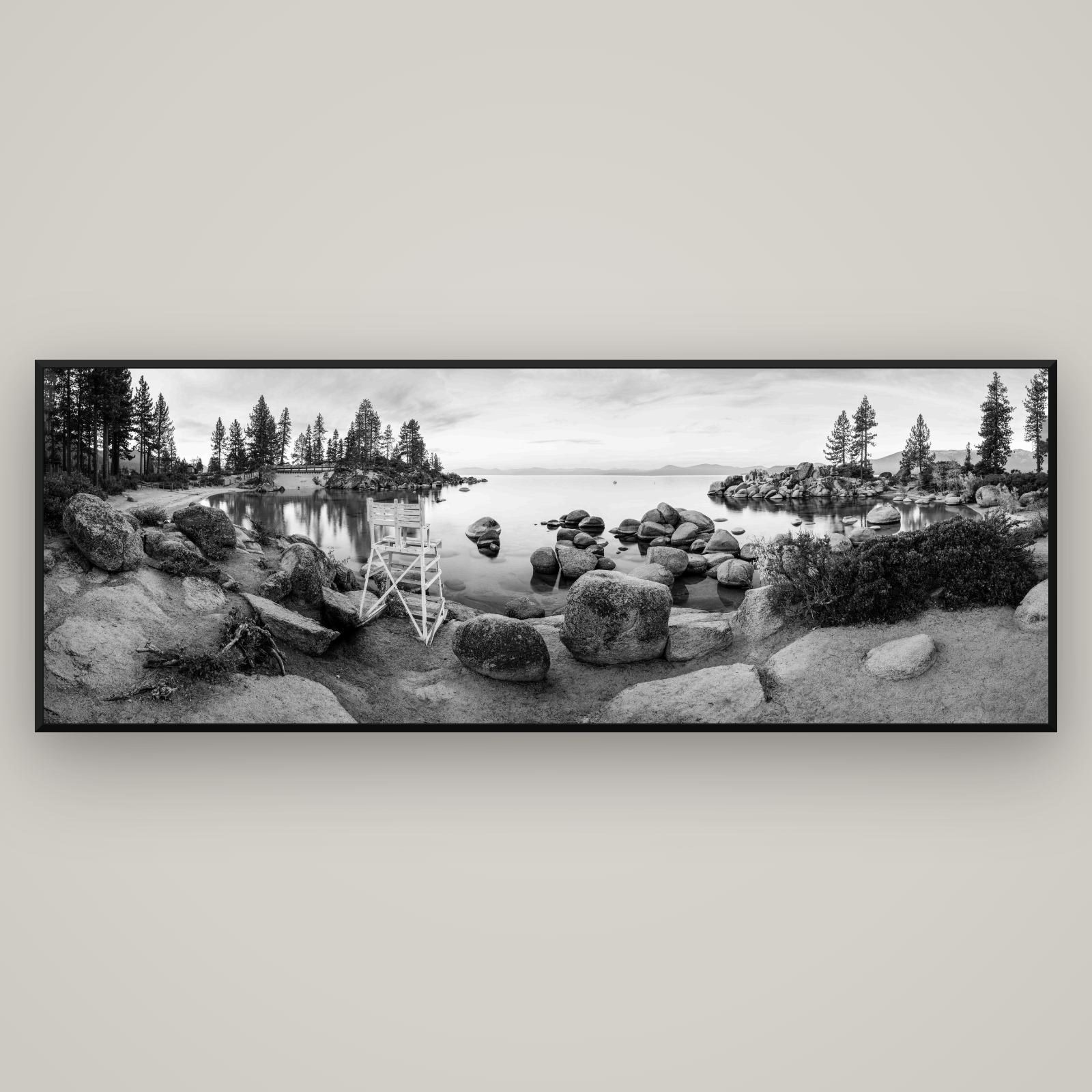 Lake Tahoe Serenity's Watch, Sunrise Over Sand Harbour — Basel Black, 198×70 cm. New Zealand fine art wall art by Stephen Milner.