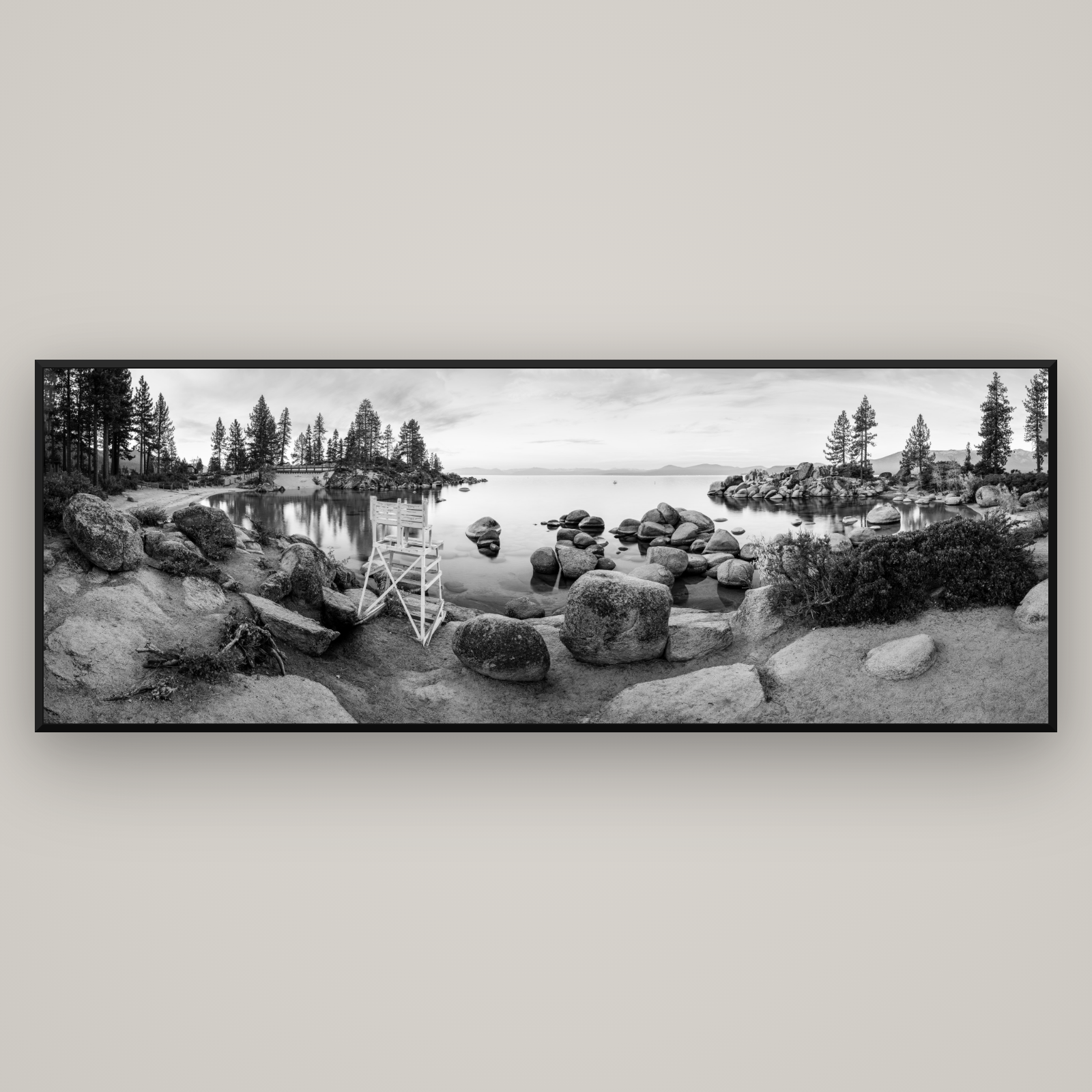 Lake Tahoe Serenity's Watch, Sunrise Over Sand Harbour — Basel Black Matte, 198×70 cm. New Zealand fine art wall art by Stephen Milner.
