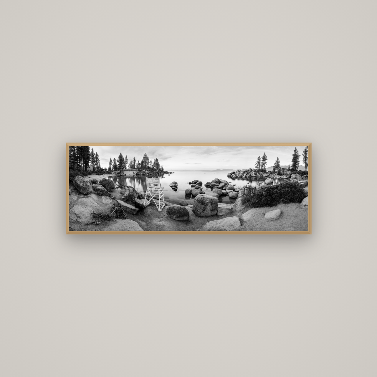 Lake Tahoe Serenity's Watch, Sunrise Over Sand Harbour, Basel Natural Oak, 113×40 cm. New Zealand fine art wall art by Stephen Milner.