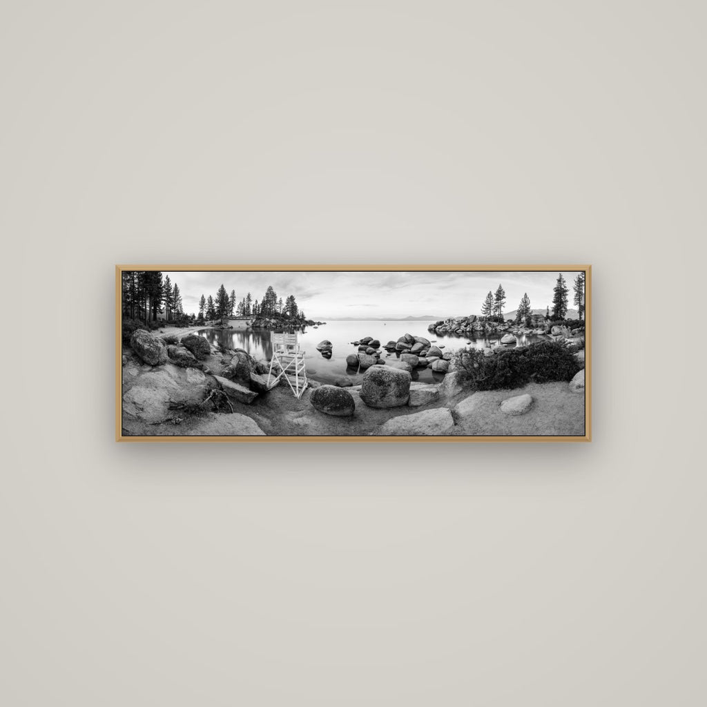 Lake Tahoe Serenity's Watch, Sunrise Over Sand Harbour, Basel Natural Oak, 113×40 cm. New Zealand fine art wall art by Stephen Milner.