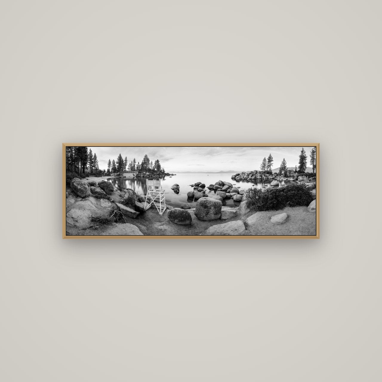 Lake Tahoe Serenity's Watch, Sunrise Over Sand Harbour, Basel Natural Oak, 113×40 cm. New Zealand fine art wall art by Stephen Milner.