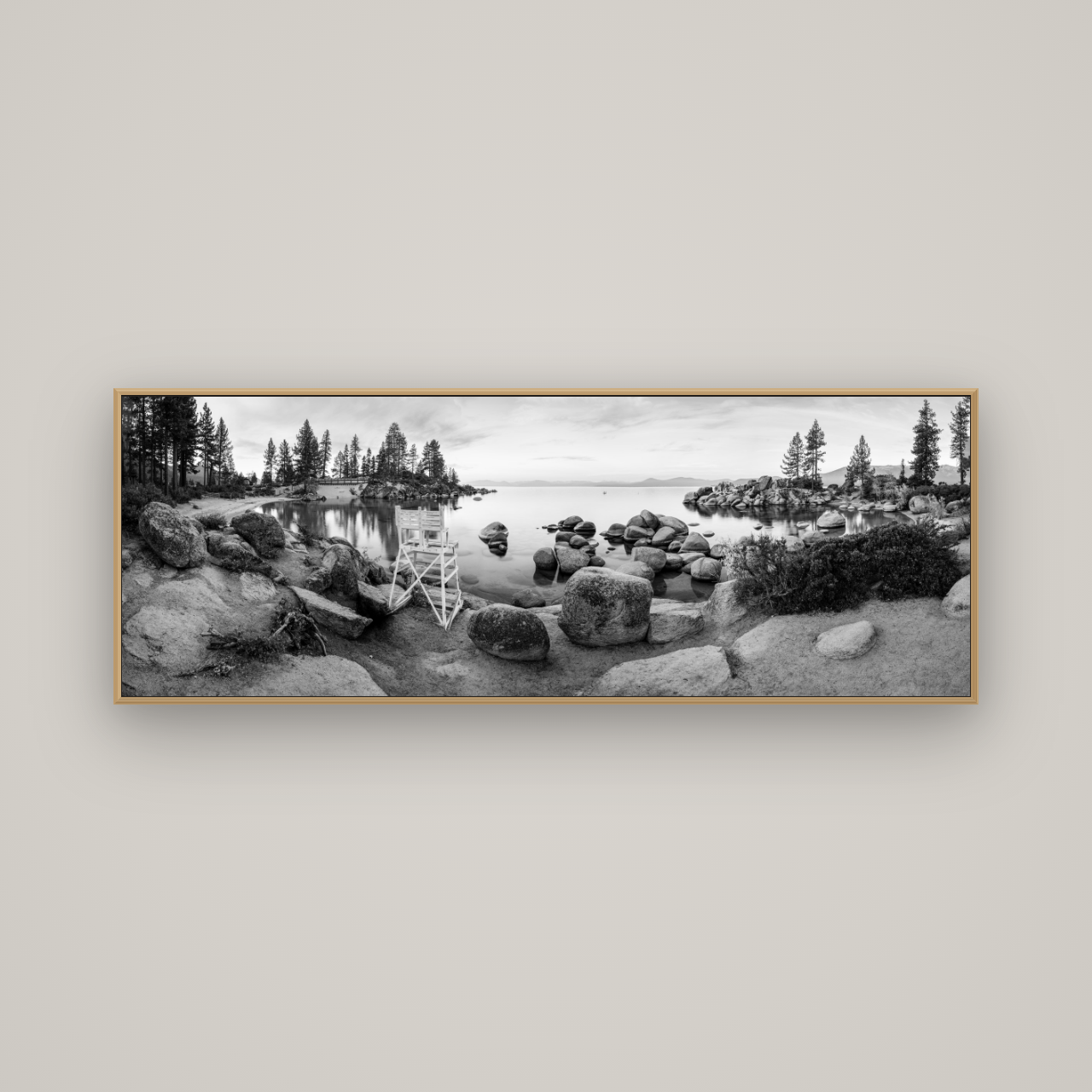 Lake Tahoe Serenity's Watch, Sunrise Over Sand Harbour, Basel Natural Oak, 170×60 cm. New Zealand fine art wall art by Stephen Milner.