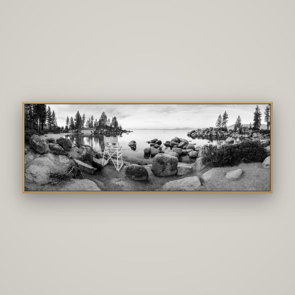 Lake Tahoe Serenity's Watch, Sunrise Over Sand Harbour, Basel Natural Oak, 170×60 cm. New Zealand fine art wall art by Stephen Milner.